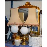 GILT FRAMED OVER MANTLE MIRROR, PAIR OF LARGE BRASS FINISHED LAMPS, 2 CONVERTED PARAFFIN LAMPS &