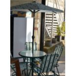MODERN PATIO SET COMPRISING TABLE, PARASOL & 4 CHAIRS