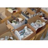 VARIOUS BOXES WITH MIXED CERAMICS, VARIOUS TEA WARE, DISHES, VASES, ORNAMENTS, FIGURINES & GENERAL