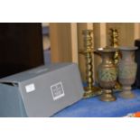 WATERFORD CRYSTAL CANDLE STAND IN BOX, PAIR OF INDIAN VASES & PAIR OF BRASS CANDLE STICKS