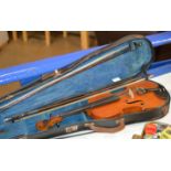 OLD VIOLIN WITH CASE & 2 BOWS