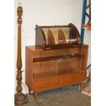TEAK GLASS FRONTED BOOKCASE, MAHOGANY CORNER WALL CABINET & STANDARD LAMP WITH SHADE