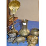 2 EASTERN BRASS VASES, NOVELTY BRASS ARMADILLO INK WELL (LINERS MISSING), ORIENTAL STYLE WHITE METAL