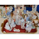 TRAY WITH VARIOUS FIGURINE ORNAMENTS, NAO, LLADRO ETC
