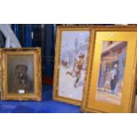 3 VARIOUS GILT FRAMED PAINTINGS & 1 OTHER PICTURE, PORTRAIT OF A DOG, EASTERN SCENE BY TRISTRAM