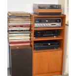 TEAK HI-FI UNIT WITH VINTAGE STACKING STEREO SYSTEM, SPEAKERS & VARIOUS RECORDS