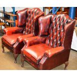 PAIR OF CHESTERFIELD OX BLOOD LEATHER WING BACK ARM CHAIRS