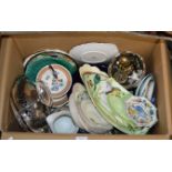 BOX WITH MIXED CERAMICS, EP WARE, BRASS ORNAMENTS, COAL TRAIN DISPLAY, CAKE STAND & GENERAL BRIC-A-