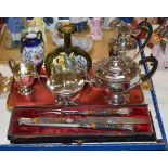 3 PIECE CARVING SET & TRAY WITH EP TEA SERVICE, MOORCROFT STYLE VASE, NORITAKE VASE ETC