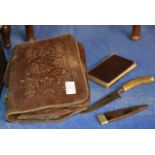 ANTLER HANDLED KNIFE, QUANTITY POSTCARDS & LEATHER SATCHEL