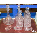 5 VARIOUS DECANTERS & 3 BIRD PAPER WEIGHT ORNAMENTS