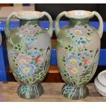 PAIR OF LARGE JAPANESE STYLE DOUBLE HANDLED POTTERY VASES