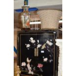 ORIENTAL LACQUERED DOUBLE DOOR CABINET & ORIENTAL TABLE LAMP WITH SHADE