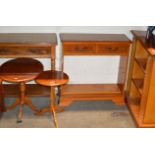 2 REPRODUCTION YEW WOOD HALL TABLES & REPRODUCTION YEW WOOD SHELF UNIT