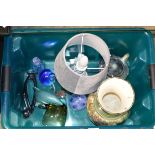 BOX WITH MIXED CERAMICS & GLASS WARE, BESWICK TEA POT, POTTERY VASE, PAPER WEIGHTS ETC