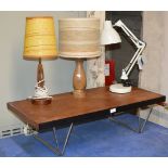 SMALL VINTAGE TEAK OCCASIONAL TABLE, ANGLE POISE DESK LAMP & 2 OTHER LAMPS