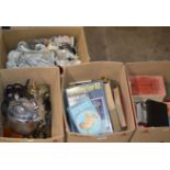 4 BOXES WITH VARIOUS OLD BOOKS, MIXED CERAMICS, FIGURINE ORNAMENTS, VASES, CRYSTAL WARE & GENERAL
