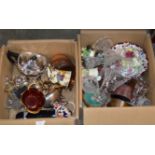 2 BOXES WITH MIXED CERAMICS, CRYSTAL WARE, FLORAL POSY ORNAMENTS, EP TEA SERVICE, MANTLE CLOCKS &