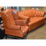 2 PIECE MODERN CHESTERFIELD LEATHER LOUNGE SUITE COMPRISING 2 SEATER CLUB STYLE SETTEE & WING BACK