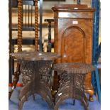MAHOGANY POT CUPBOARD & 2 SMALL BRASS INLAID FOLDING OCCASIONAL TABLES