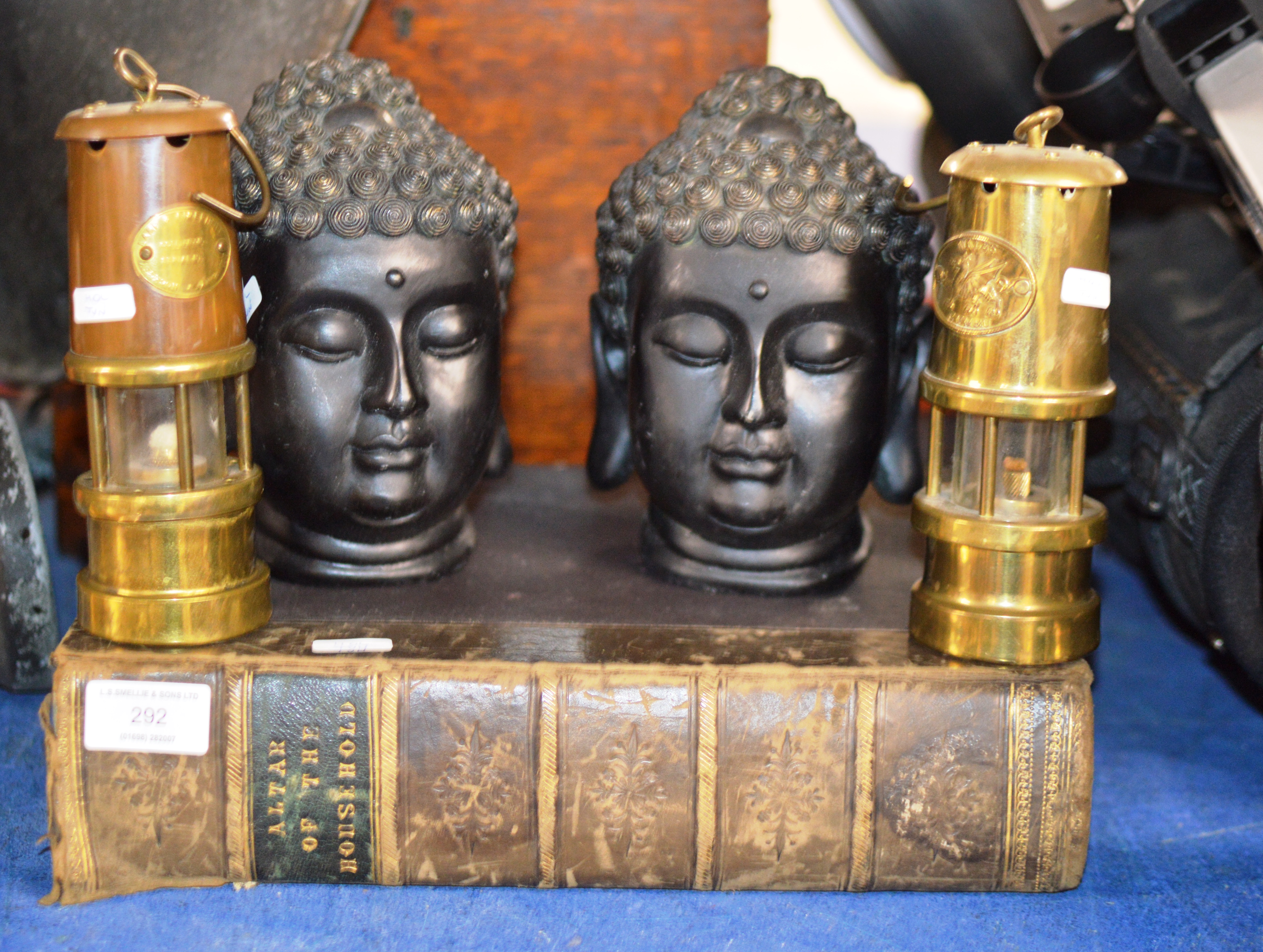 OLD LEATHER BOUND BOOK, PAIR OF BUDDHA ORNAMENTS & 2 SMALL MINOR LAMPS