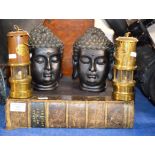 OLD LEATHER BOUND BOOK, PAIR OF BUDDHA ORNAMENTS & 2 SMALL MINOR LAMPS