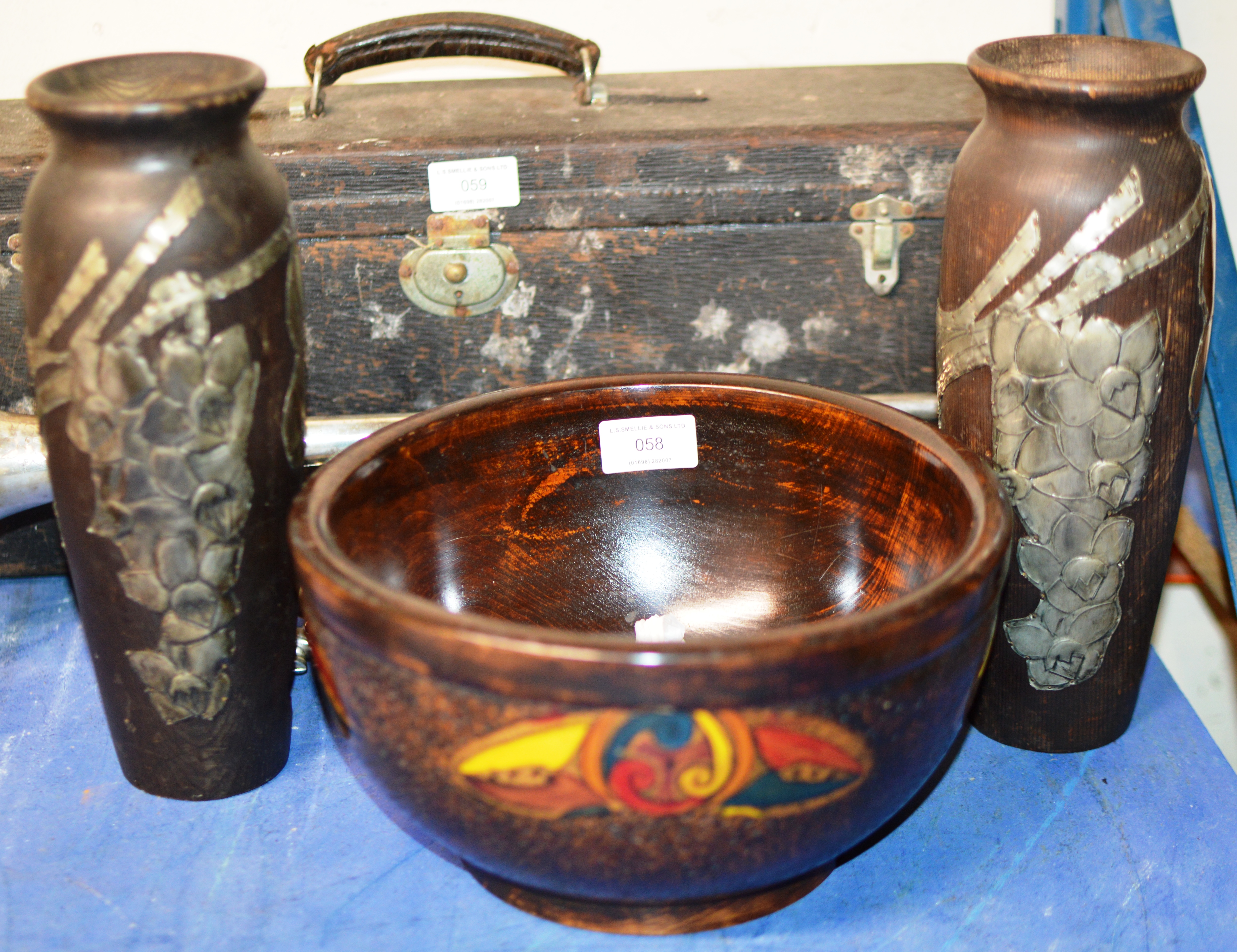 PAIR OF WOODEN VASES WITH WHITE METAL OVERLAY & DECORATIVE WOODEN BOWL