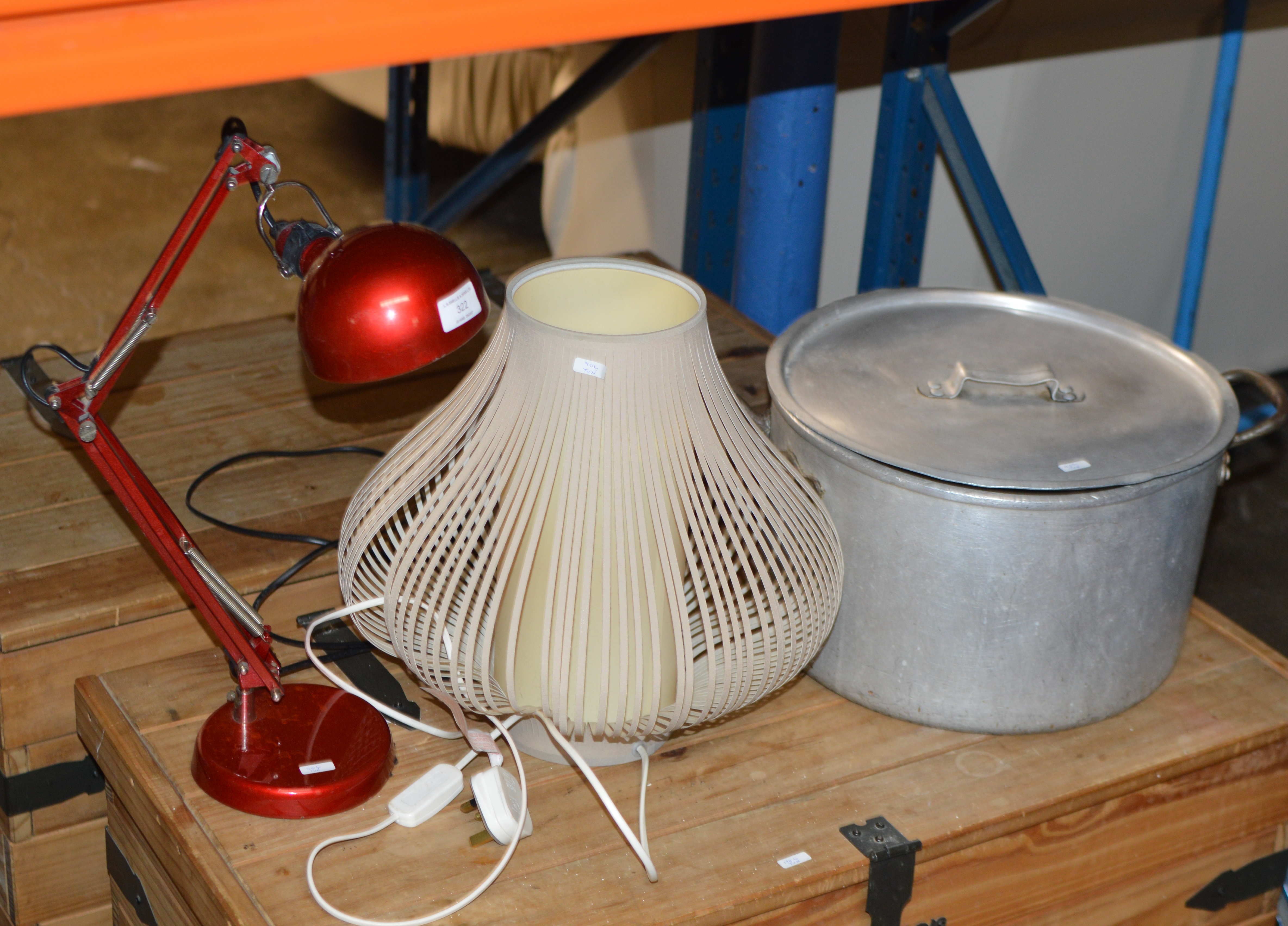 ANGLE POISE LAMP, 1 OTHER LAMP, ALUMINIUM PANS ETC