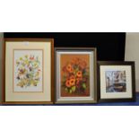 MODERN FRAMED OIL ON CANVAS - STILL LIFE & 2 OTHER PICTURES