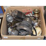 BOX CONTAINING EP WARE, SHORTER & SONS FISH DISHES, DECORATIVE VASES, SOUVENIR SPOONS, DINNER GONG