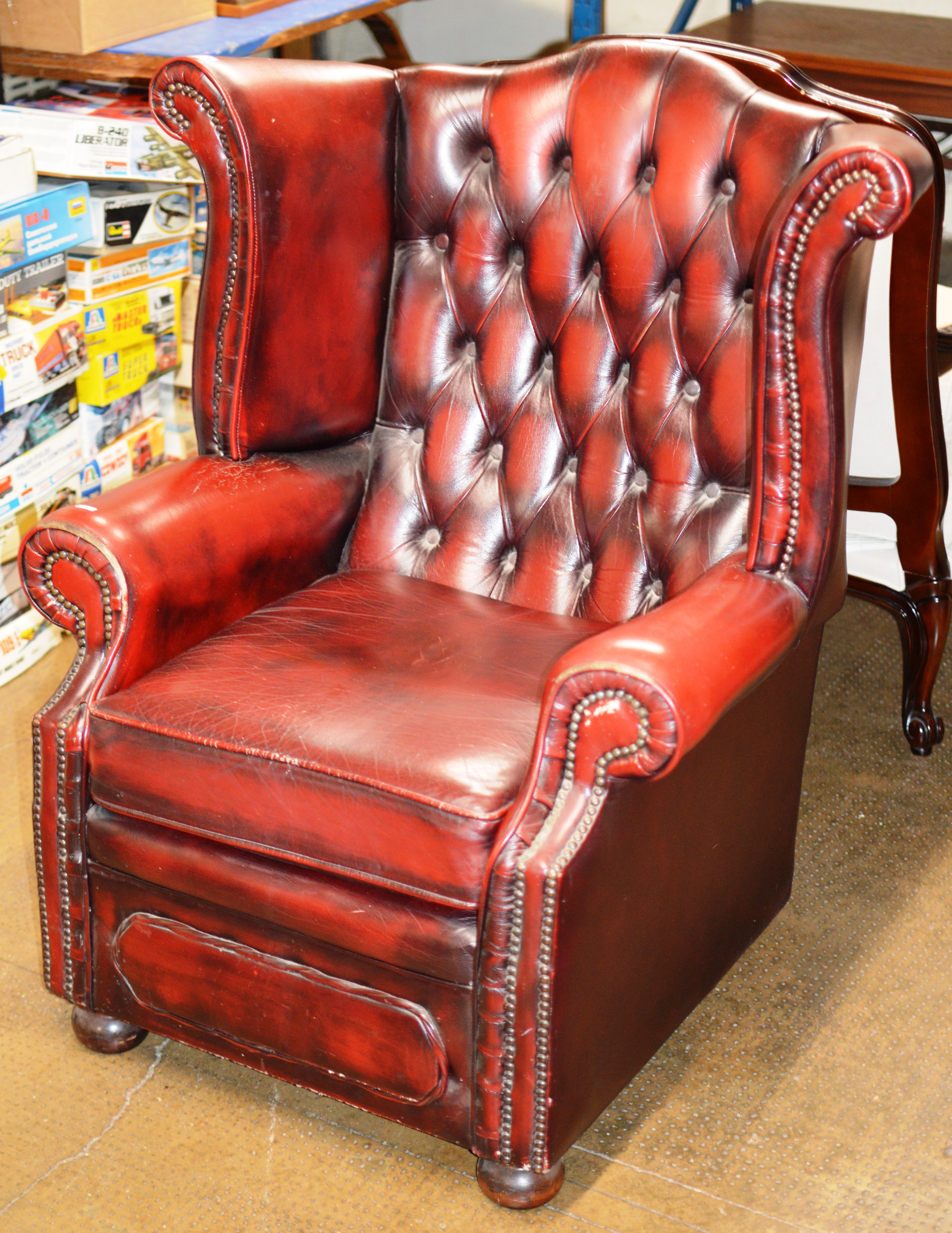 CHESTERFIELD OX BLOOD LEATHER WING BACK ARM CHAIR