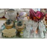 TRAY WITH SET OF 6 STEM CRYSTAL GLASSES, RETRO HEAVY COLOURED GLASS VASE & GENERAL CERAMICS,