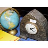 ART NOUVEAU STYLE MANTLE CLOCK & TIN PLATE WORLD GLOBE MONEY BANK