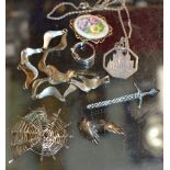 ASSORTED SILVER JEWELLERY, SWORD BROOCH, CONTINENTAL NECKLACE, SPIDERS WEB BROOCH ETC