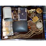 BOX WITH ASSORTED JEWELLERY, VICTORIAN 9 CARAT GOLD BROOCHES, SILVER FOBS, FAUX PEARLS ETC