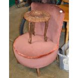 PADDED BEDROOM CHAIR, SMALL OCCASIONAL TABLE & WOODEN STAND