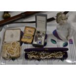 TRAY WITH COSTUME JEWELLERY, FAUX PEARLS, LLADRO FIGURINE ETC