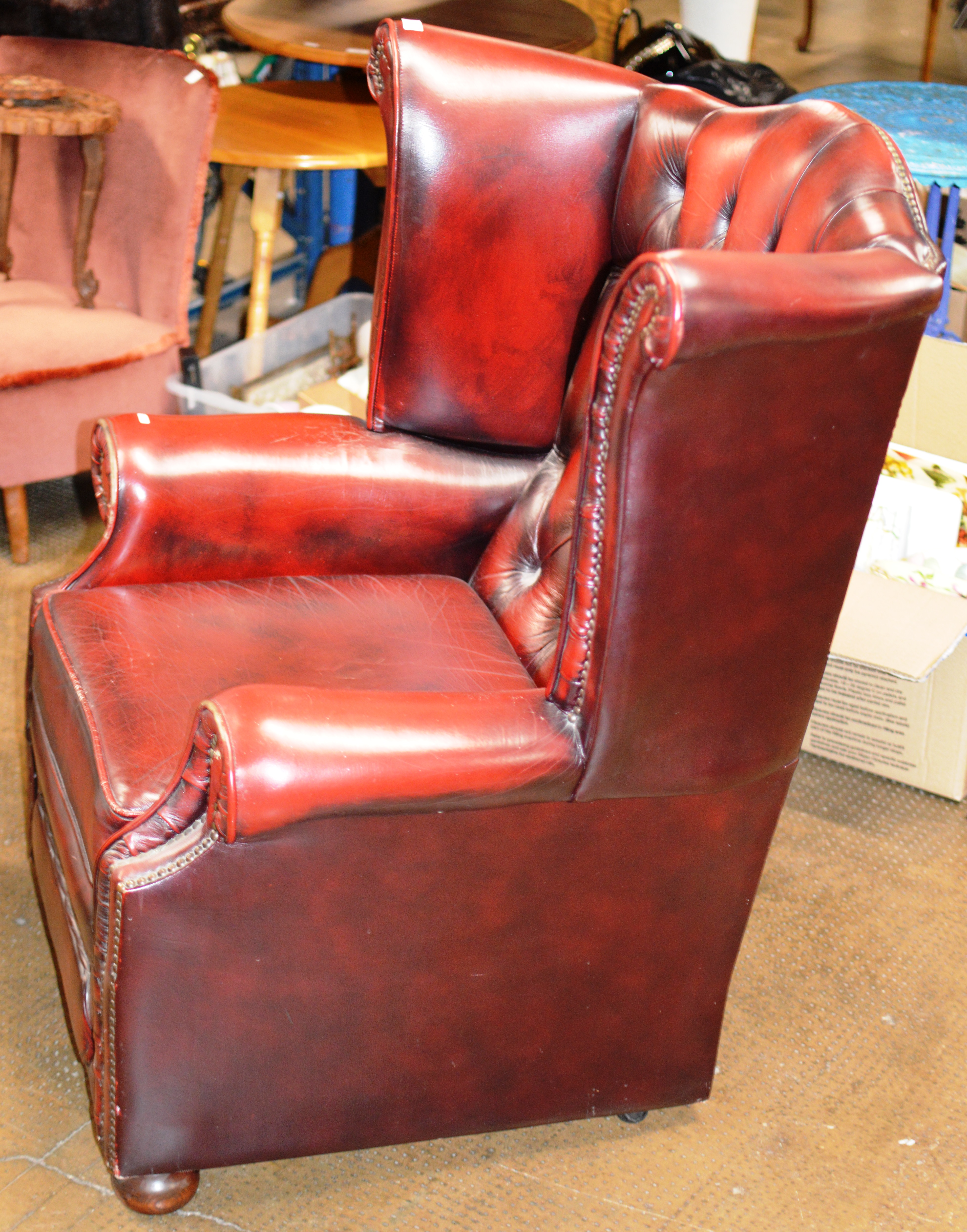 CHESTERFIELD OX BLOOD LEATHER WING BACK ARM CHAIR - Image 4 of 4