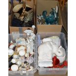 4 BOXES WITH MIXED CERAMICS & GLASS WARE, ORNAMENTS, TEA WARE, FIGURINE ORNAMENTS, CANDLE HOLDERS,