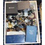 BOX WITH VARIOUS VINTAGE WRIST WATCHES, COINS ETC