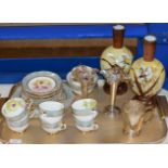 TRAY WITH QUANTITY STANLEY FLORAL TEA WARE, PAIR OF PAINTED GLASS VASES, EP WARE ETC