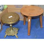 DECORATIVE BRASS STAND & SMALL MODERN OAK TRIPOD LEG STOOL