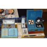 TRAY WITH QUANTITY COSTUME JEWELLERY, CUTLERY, WRIST WATCHES ETC