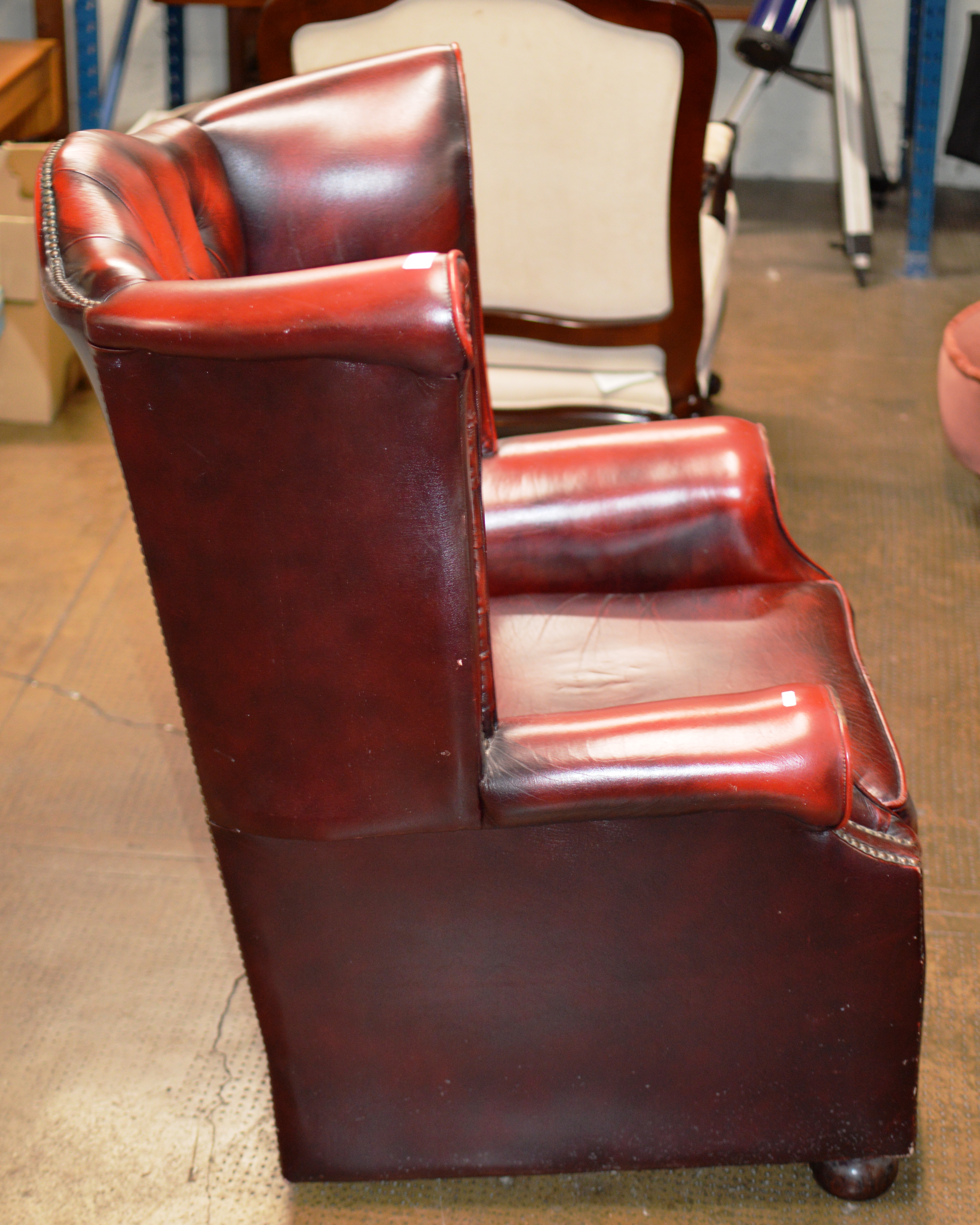 CHESTERFIELD OX BLOOD LEATHER WING BACK ARM CHAIR - Image 2 of 4