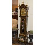6½' CHIMING GRANDFATHER CLOCK WITH BLACK LACQEUR FINISH, HAND PAINTED DECORATION & BRASS FACE