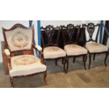 3 ORNATE VICTORIAN MAHOGANY CHAIRS WITH TAPESTRY SEATS & 1 OTHER MAHOGANY CHAIR