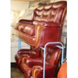 3 PIECE WINE LEATHER LOUNGE SUITE WITH WOOD TRIM COMPRISING 3 SEATER SETTEE & 2 SINGLE CHAIRS