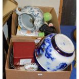 2 BOXES WITH MIXED CERAMICS, CLOCKS, SERVING TRAY, ANIMAL ORNAMENTS, ROYAL WINTON SUGAR & CREAM,