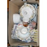 BOX WITH QUANTITY WEDGWOOD DINNER WARE, VARIOUS MUGS, LURPACK TOAST RACK ETC