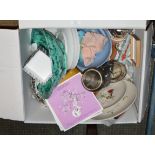 BOX WITH EP WARE, MIXED CERAMICS, DISPLAY PLATES, POTTERY BOWL & GENERAL BRIC-A-BRAC